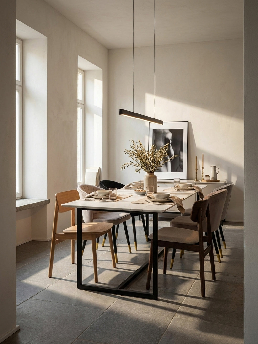 Großer Esstisch 200x90 cm in weißer Marmor-Optik mit schwarzem Metallgestell als Herzstück in einem minimalistischen Esszimmer mit geschliffenem Kalksteinboden_