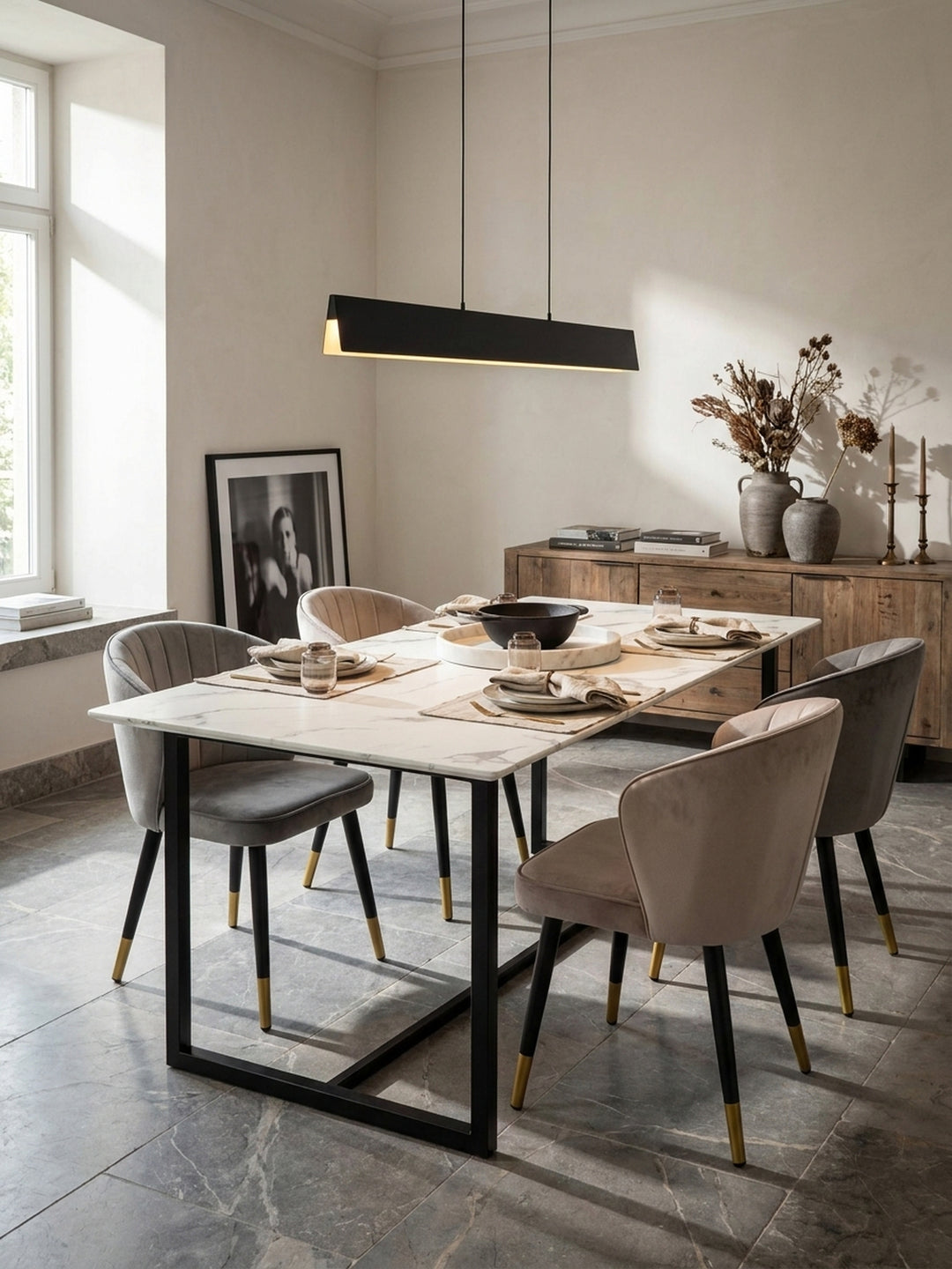 Minimalistischer Küchentisch aus foliertem MDF in Marmor-Optik gepaart mit dunkelgrauen Esszimmerstühlen in einem lichtdurchfluteten Essbereich_