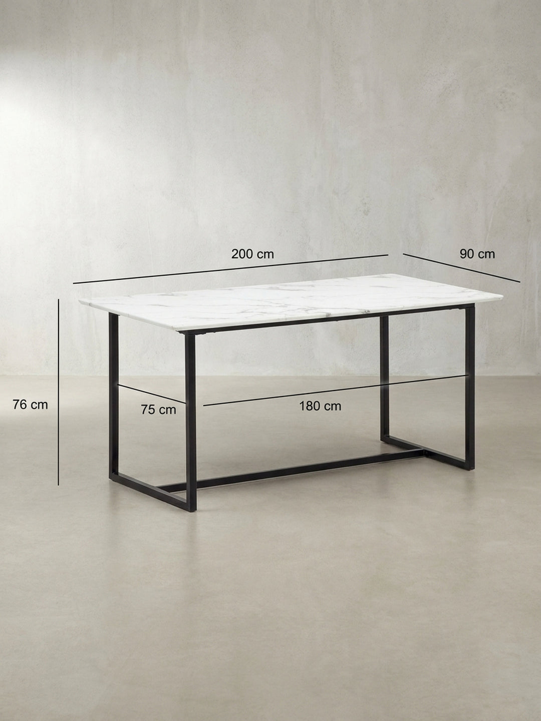 Technische Zeichnung des modernen Esstischs mit exakten Maßangaben von 200 cm Länge und 76 cm Höhe zur genauen Raumplanung im Esszimmer_