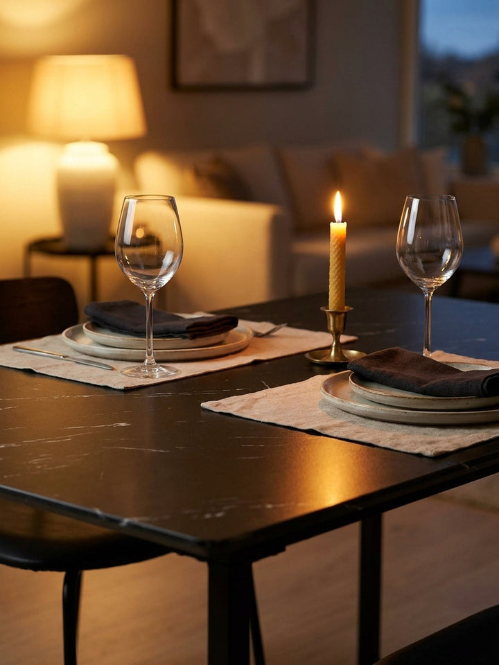 Detailansicht des rechteckigen Speisetischs in schwarzer Steinoptik mit edlen Keramikschalen und Gläsern für ein festliches Dinner arrangiert_
