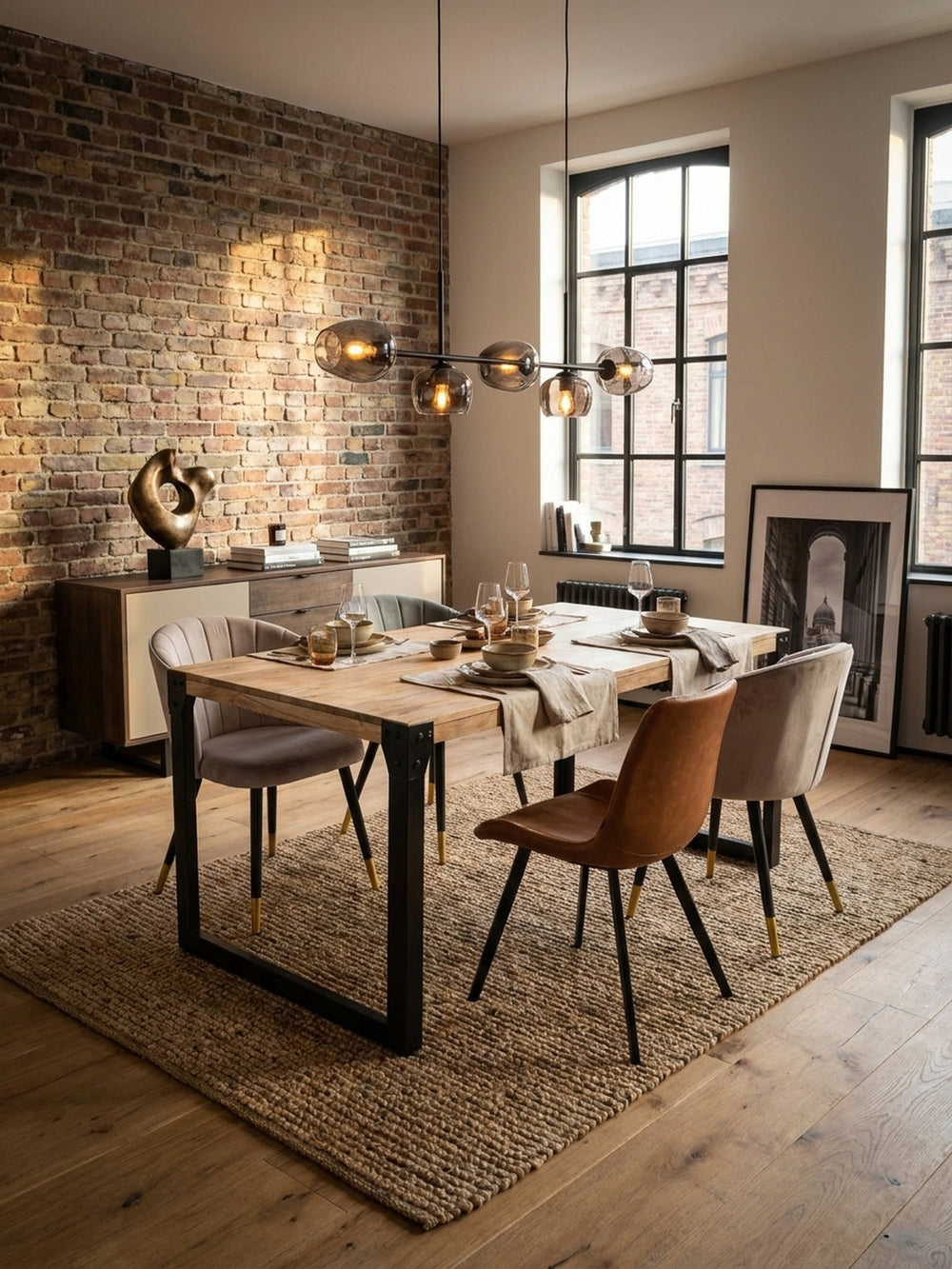 Eleganter Industrial-Esstisch aus Akazienholz mit schwarzen Metallbeinen, stilvoll arrangiert in einem lichtdurchfluteten Loft-Esszimmer mit Holzboden und Backsteinwand._