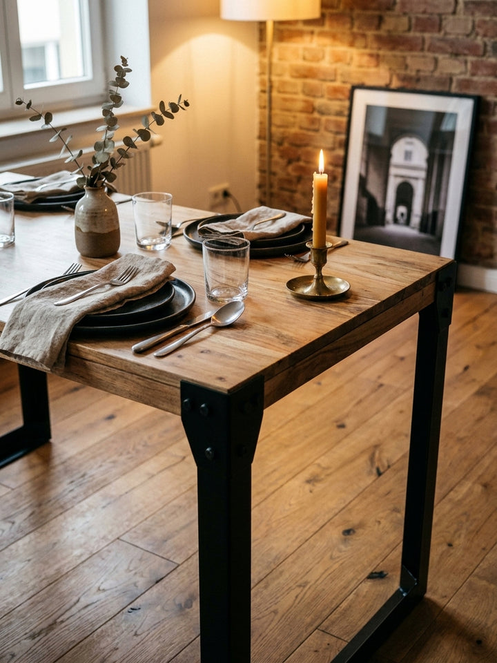 Ein gemütliches Abendessen-Setting auf dem Akazien-Esstisch mit dunklem Keramikgeschirr und einer Vase, das die warme Atmosphäre des Industrial Designs unterstreicht._