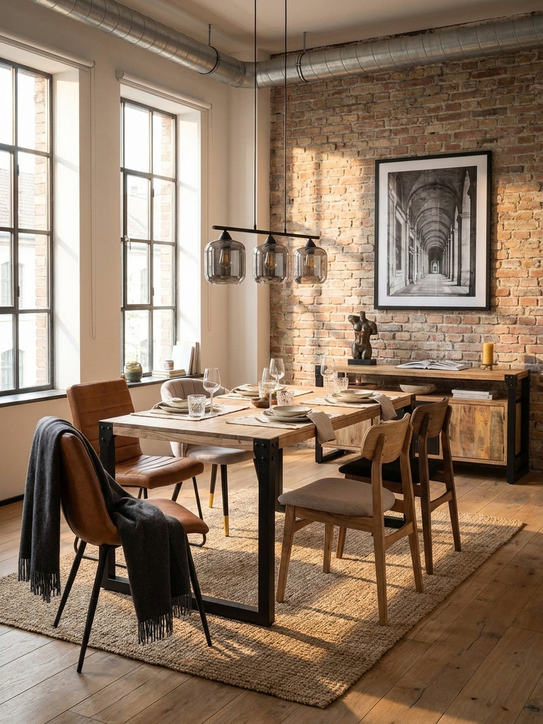 Der Holztisch mit Metallbeinen als Mittelpunkt einer Essgruppe, kombiniert mit Stühlen in Grau und Schwarz, die den urbanen und doch wohnlichen Charakter betonen._