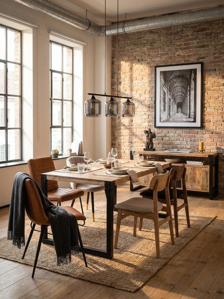 Der Holztisch mit Metallbeinen als Mittelpunkt einer Essgruppe, kombiniert mit Stühlen in Grau und Schwarz, die den urbanen und doch wohnlichen Charakter betonen._