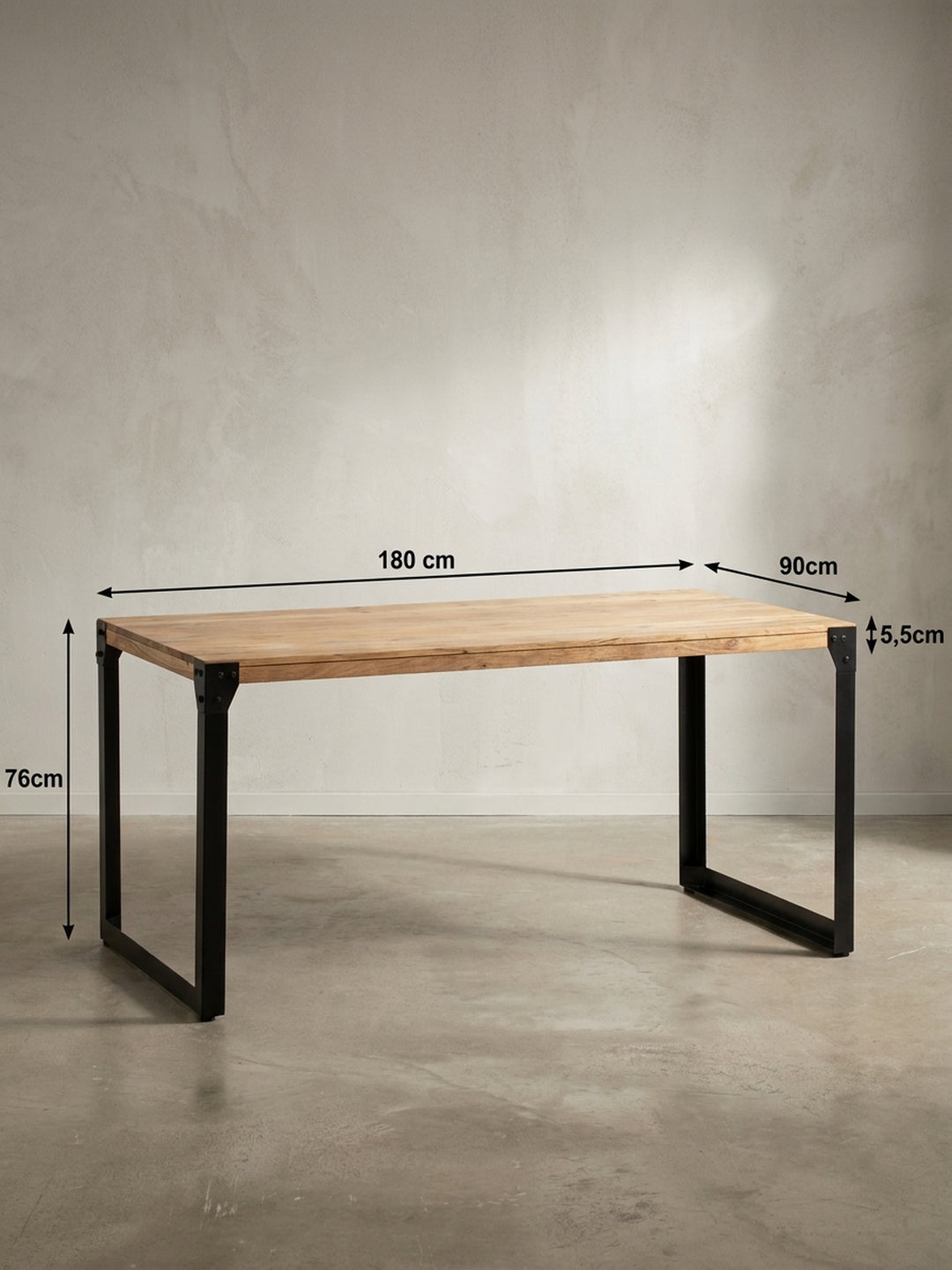Technische Zeichnung des Esstisches aus Akazienholz mit genauen Maßangaben von 180x90x76 Zentimetern und einer Tischplattenstärke von fünfeinhalb Zentimetern._