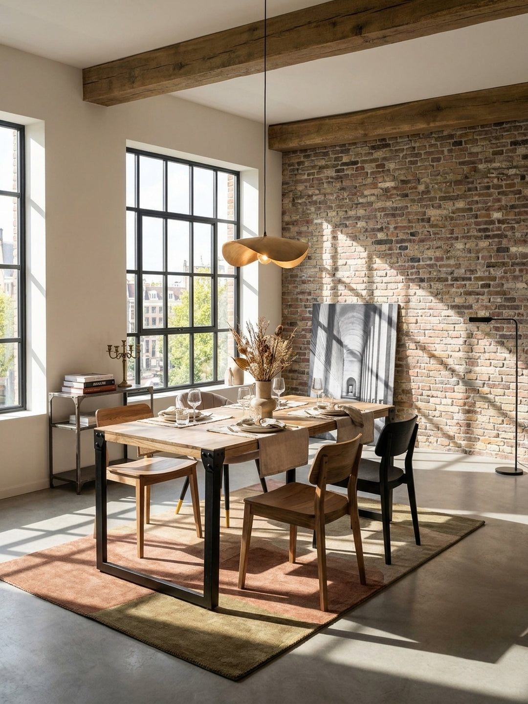 Massiver Esstisch aus warmer Akazie und schwarzem Metall in einem luxuriösen Industrial-Loft vor einer rustikalen Backsteinwand unter großen Stahlrahmenfenstern._
