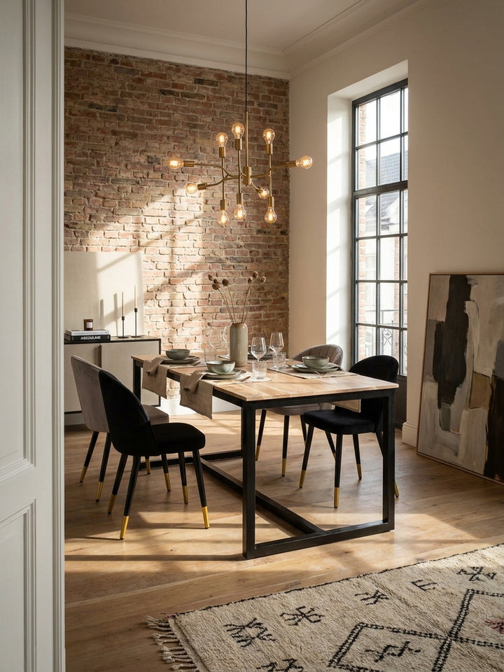 Ein Esstisch aus Akazienholz mit schwarzen Metallbeinen steht in einem lichtdurchfluteten Loft-Esszimmer mit Backsteinwand und Holzbalken._