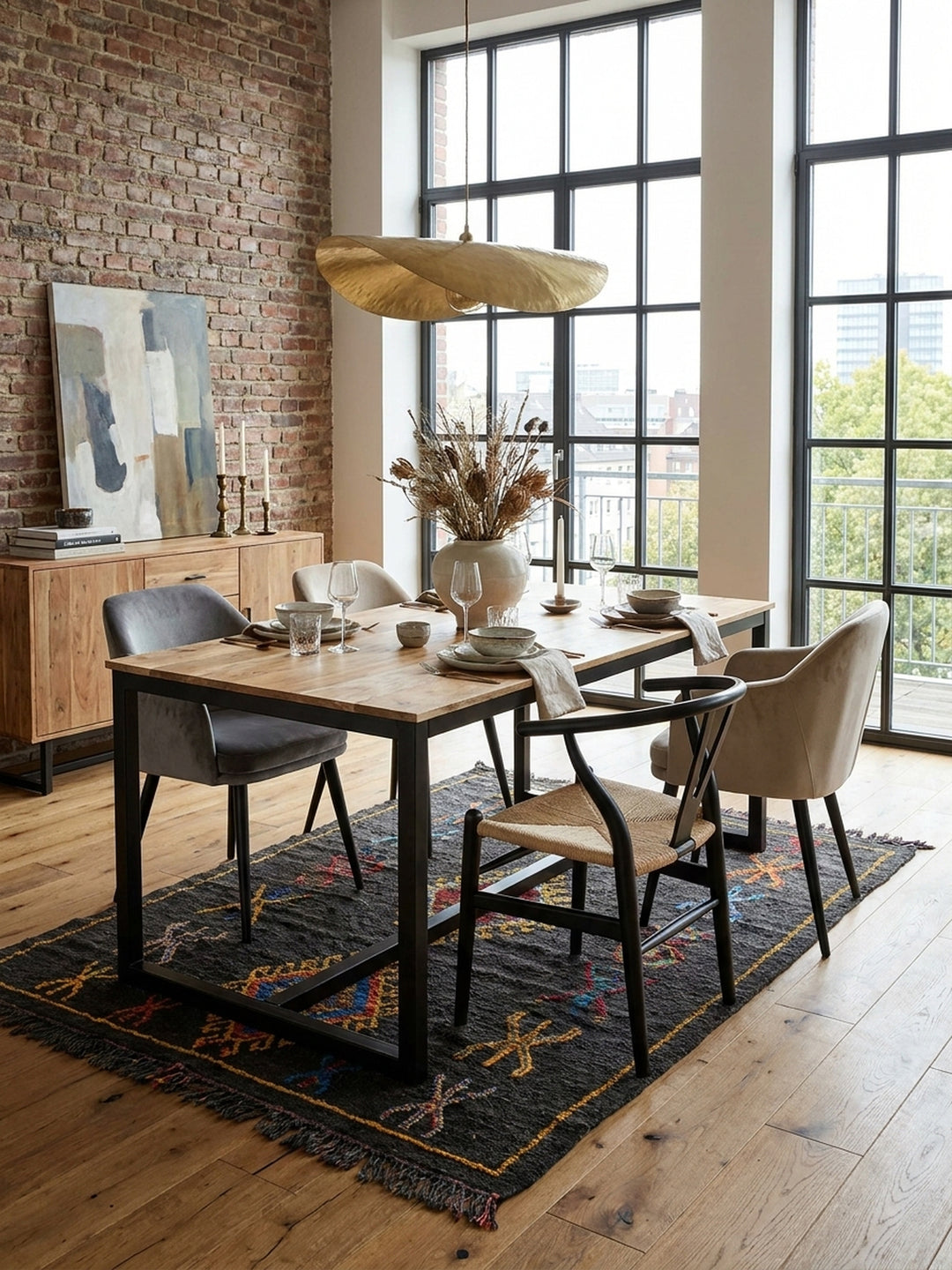 Der Massivholztisch kombiniert mit modernen Samtstühlen, eine stilvolle Essgruppe für ein urbanes Esszimmer mit industriellem Charme._