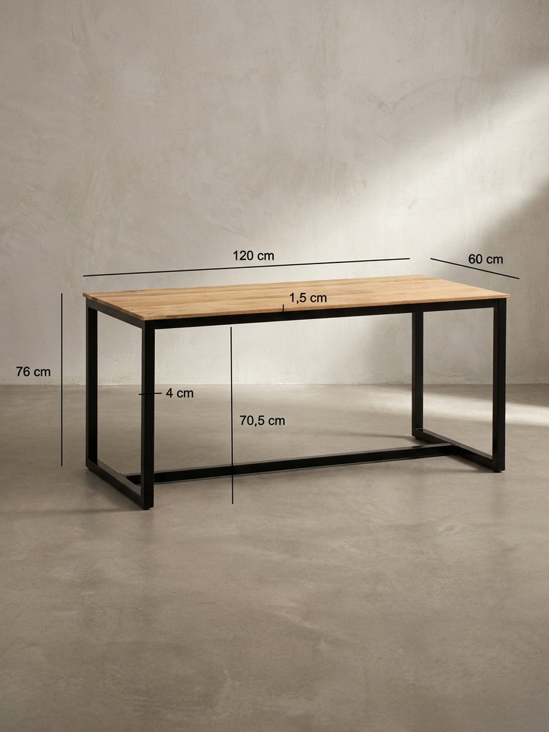 Technische Zeichnung des Esstisches mit genauen Maßen: Länge 120 cm, Tiefe 60 cm und Höhe 76 cm, ideal für die Planung kleiner Essbereiche._