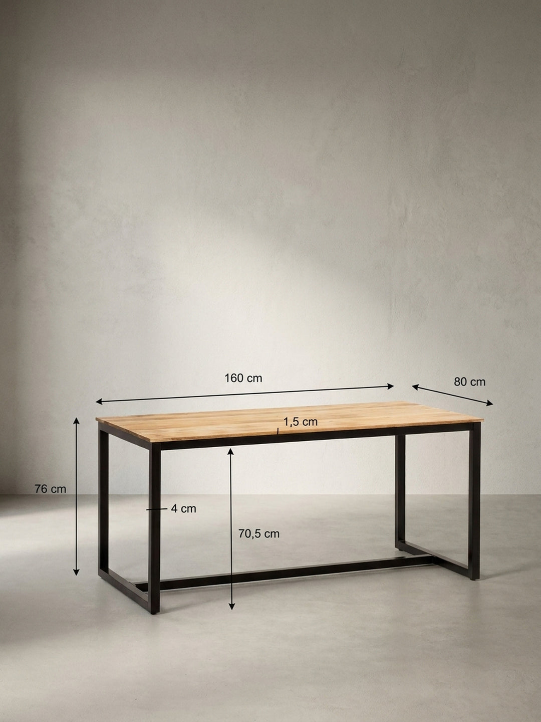 Technische Zeichnung des Esszimmertisches mit genauen Maßen 160x80x76 cm und Angabe der großzügigen Beinfreiheit von 70,5 cm_