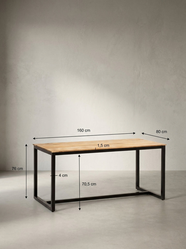 Technische Zeichnung des Esszimmertisches mit genauen Maßen 160x80x76 cm und Angabe der großzügigen Beinfreiheit von 70,5 cm_