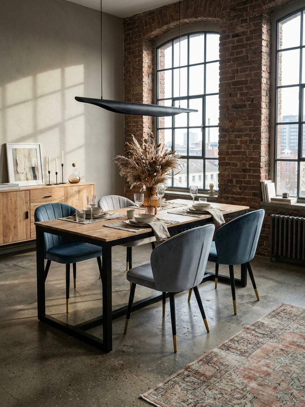 Rustikaler Holztisch für das Esszimmer stilvoll kombiniert mit minimalistischen schwarzen Stühlen vor einer historischen Backsteinwand_