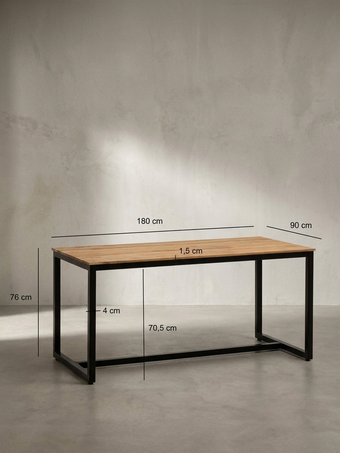 Technische Zeichnung des Esstisches mit genauen Maßangaben von 180x90x76 cm sowie der Bodenfreiheit von 70,5 cm für eine exakte Raumplanung im modernen Esszimmer._