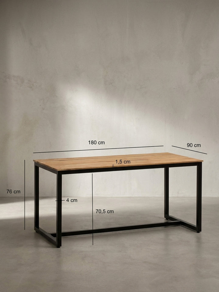 Technische Zeichnung des Esstisches mit genauen Maßangaben von 180x90x76 cm sowie der Bodenfreiheit von 70,5 cm für eine exakte Raumplanung im modernen Esszimmer._
