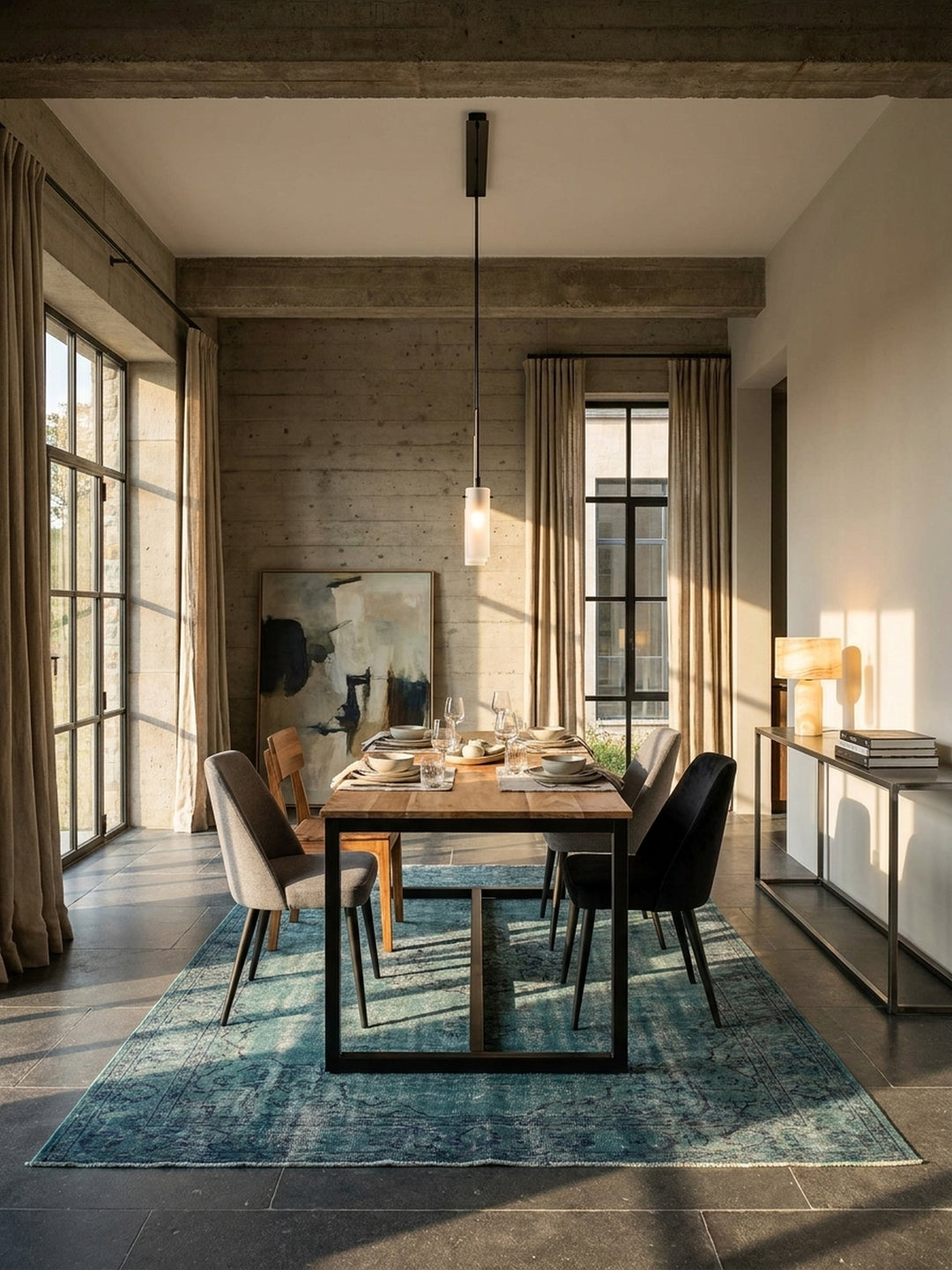Großzügiger Esstisch aus massivem Akazienholz mit schwarzem Metallgestell als zentraler Mittelpunkt in einem luxuriösen Loft Esszimmer mit großen Stahlrahmenfenstern und kühler Sichtbetonwand._