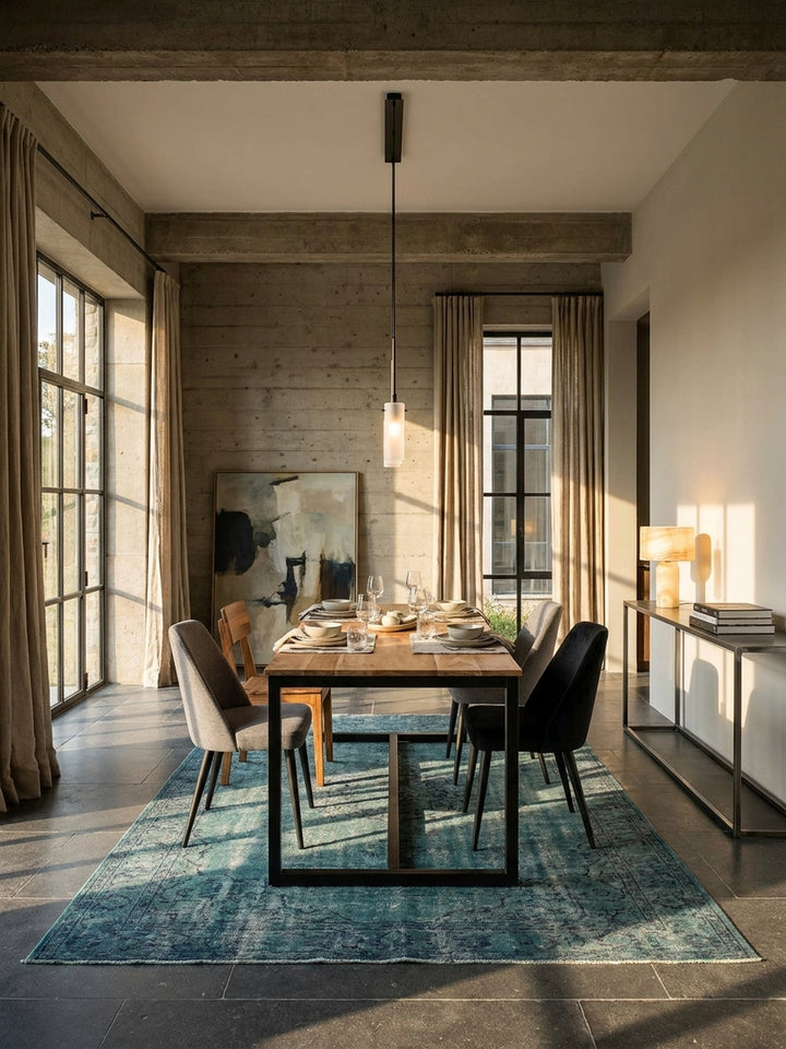 Großzügiger Esstisch aus massivem Akazienholz mit schwarzem Metallgestell als zentraler Mittelpunkt in einem luxuriösen Loft Esszimmer mit großen Stahlrahmenfenstern und kühler Sichtbetonwand._