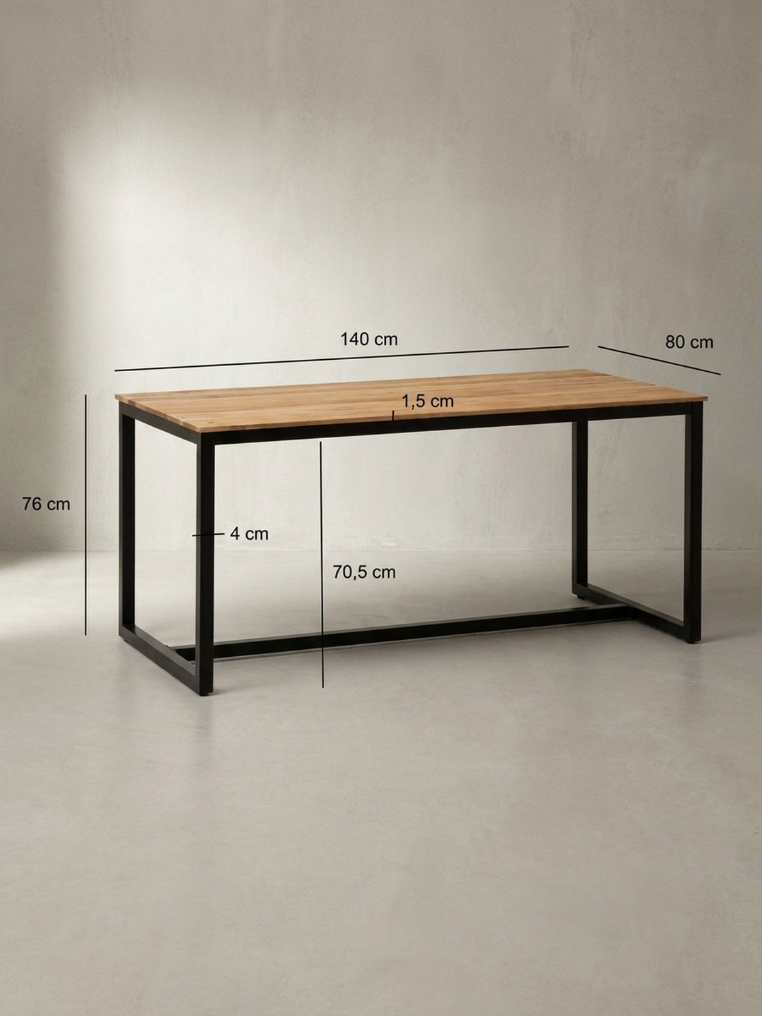 Technische Zeichnung des Akazie-Esstisches mit millimetergenauen Maßangaben von 140x80x76 cm für die exakte Planung im Esszimmer_