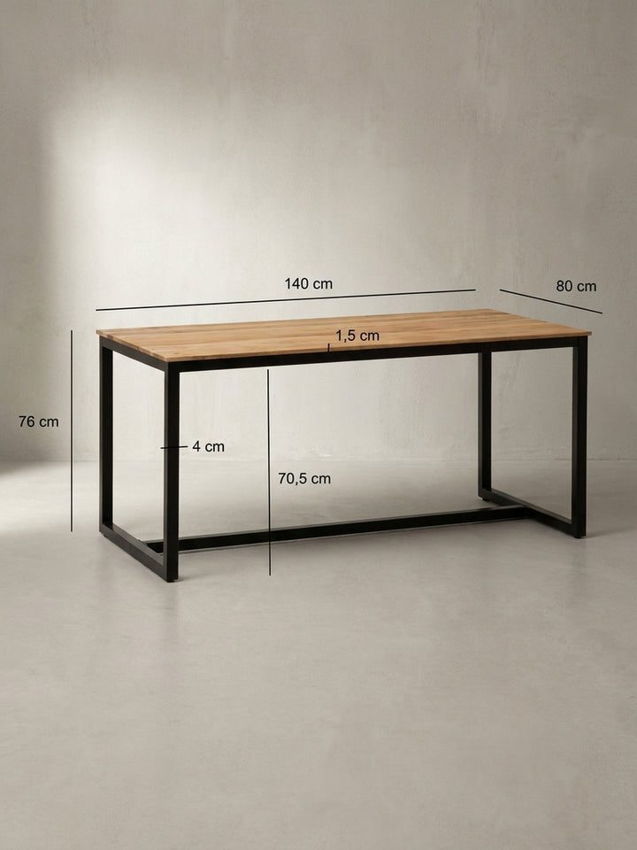 Technische Zeichnung des Akazie-Esstisches mit millimetergenauen Maßangaben von 140x80x76 cm für die exakte Planung im Esszimmer_