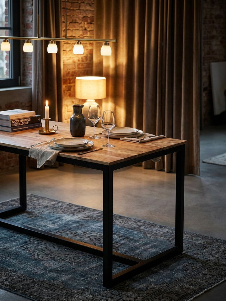 Gemütliches Frühstück am Industrial-Tisch aus Massivholz mit zwei schwarzen Espressotassen neben einer handgefertigten Keramikvase_