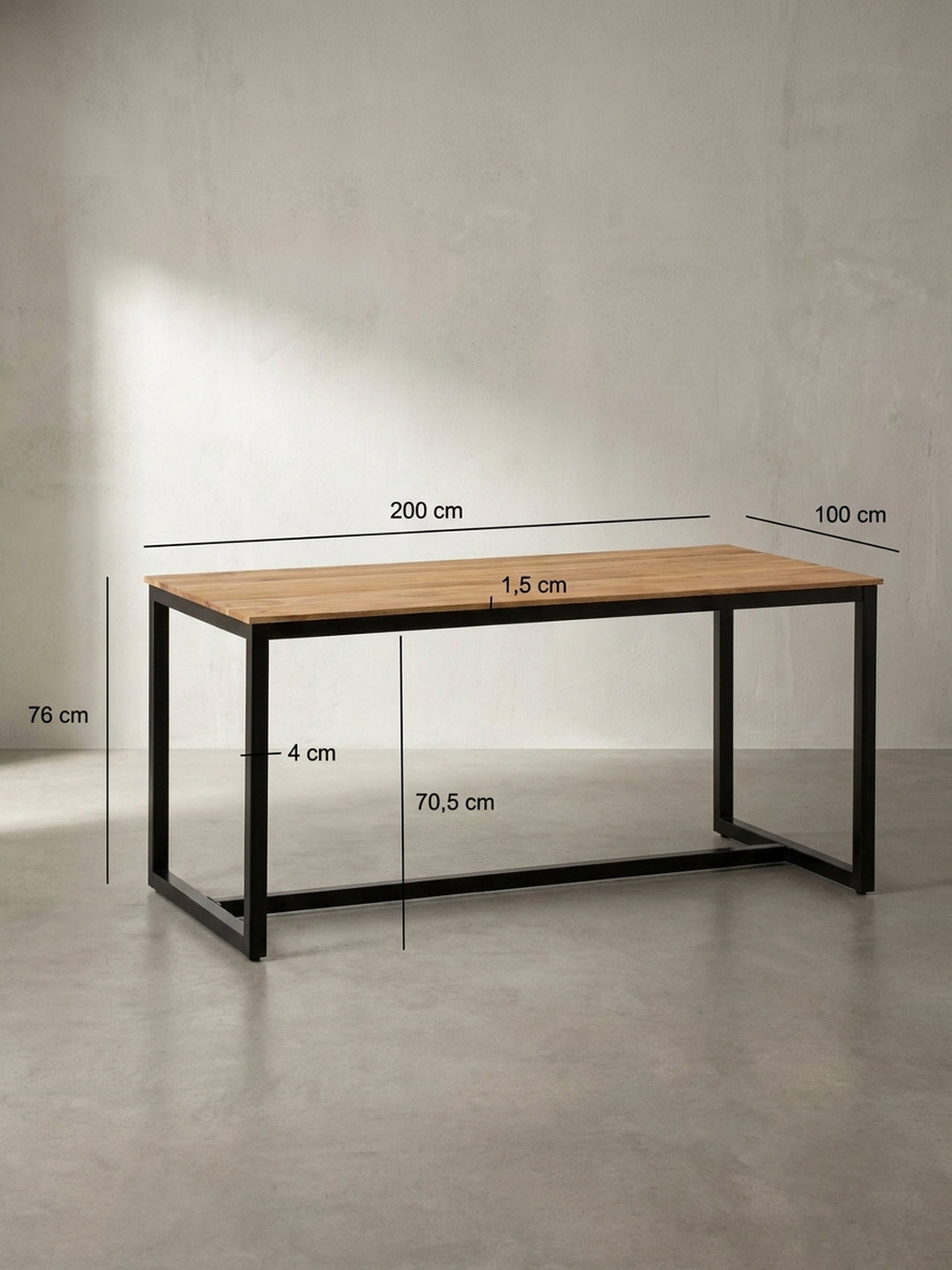 Technische Maßzeichnung des Esszimmertisches mit den exakten Abmessungen von 200x100x76 cm und genauer Angabe der hölzernen Plattenstärke_