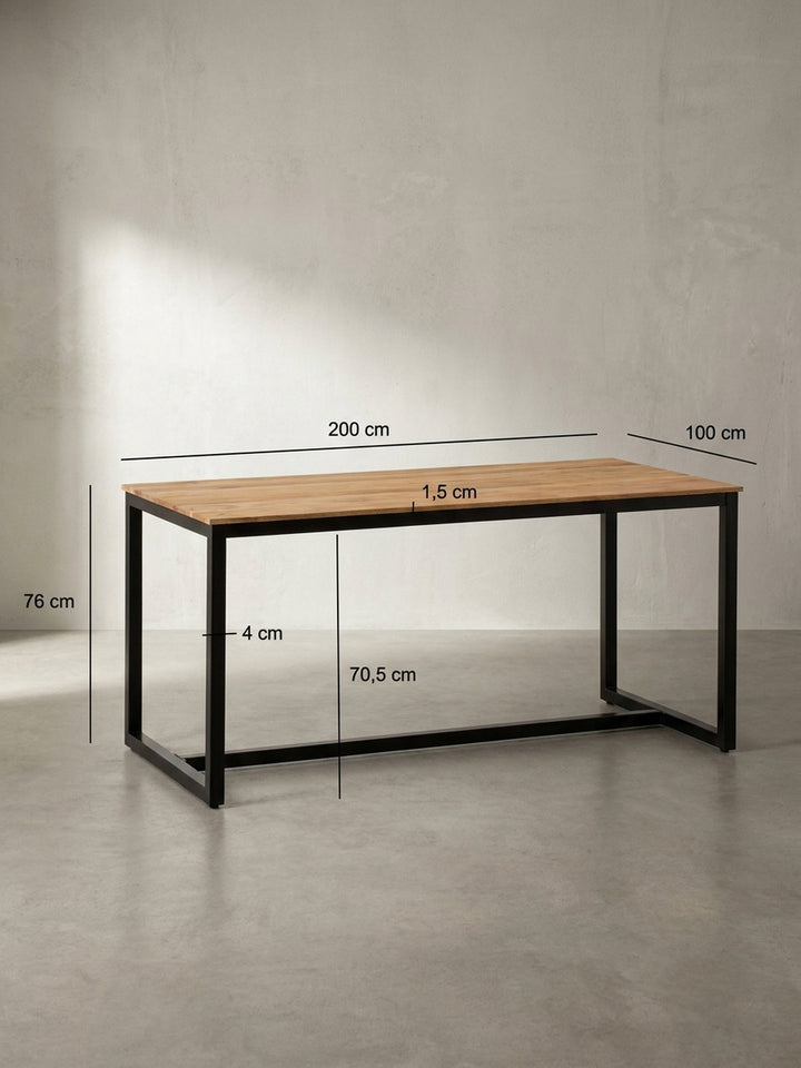 Technische Maßzeichnung des Esszimmertisches mit den exakten Abmessungen von 200x100x76 cm und genauer Angabe der hölzernen Plattenstärke_