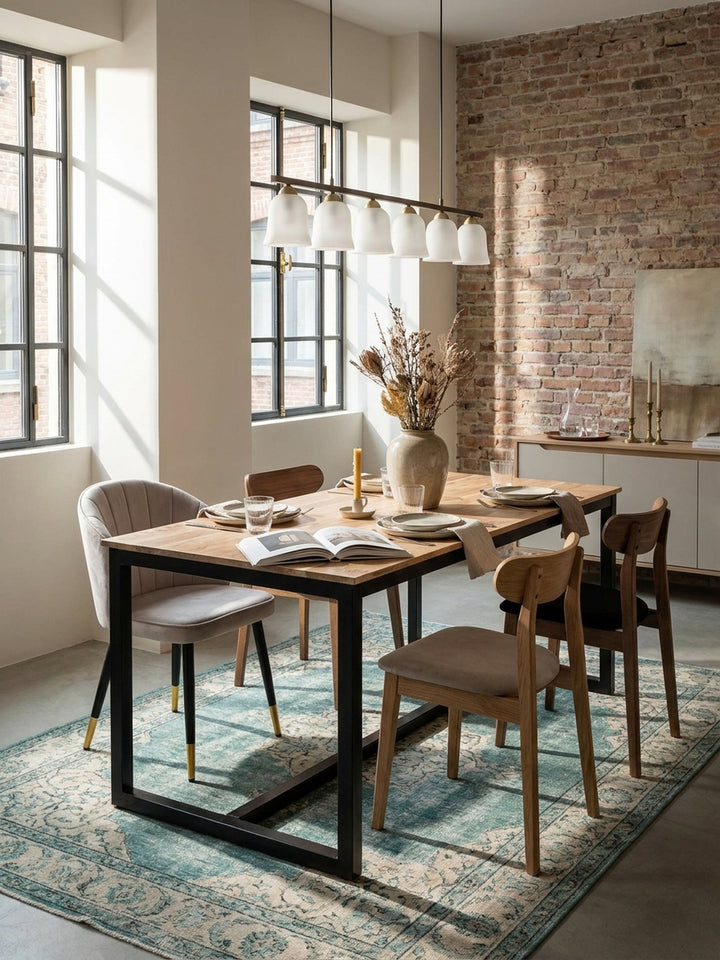 Moderner Loft-Style Holztisch mit schwarzen Kufenbeinen kombiniert mit eleganten Esszimmerstühlen und einer linearen Pendelleuchte im Hintergrund_