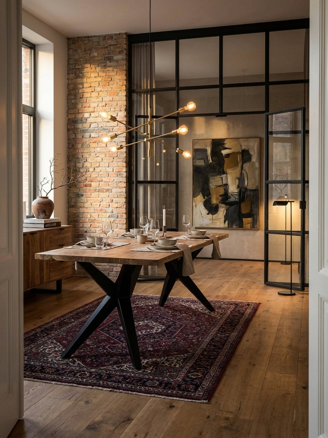 Esszimmertisch aus massivem Akazienholz mit schwarzen Metallbeinen im Mittelpunkt eines großzügigen Loft-Esszimmers mit Backsteinwand._