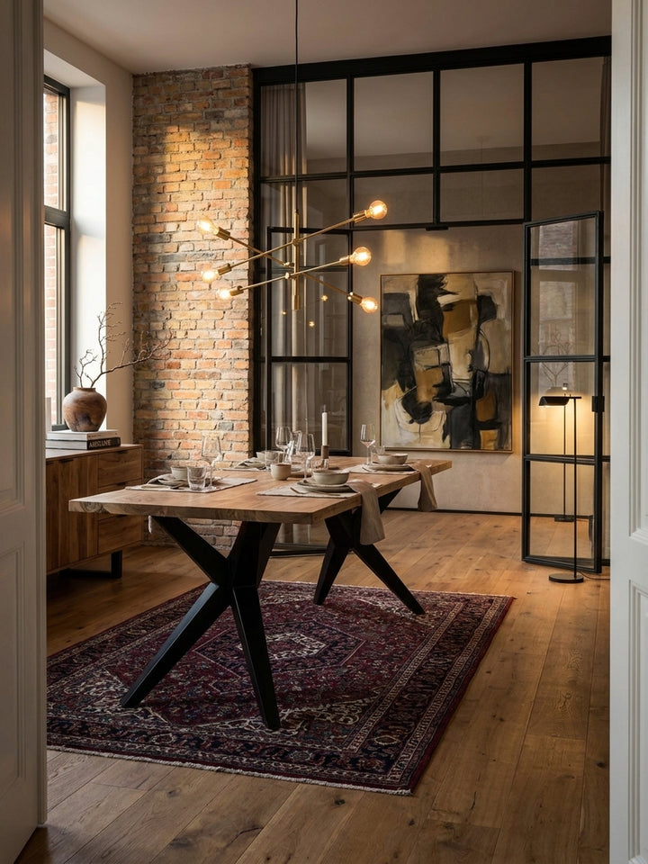 Esszimmertisch aus massivem Akazienholz mit schwarzen Metallbeinen im Mittelpunkt eines großzügigen Loft-Esszimmers mit Backsteinwand._