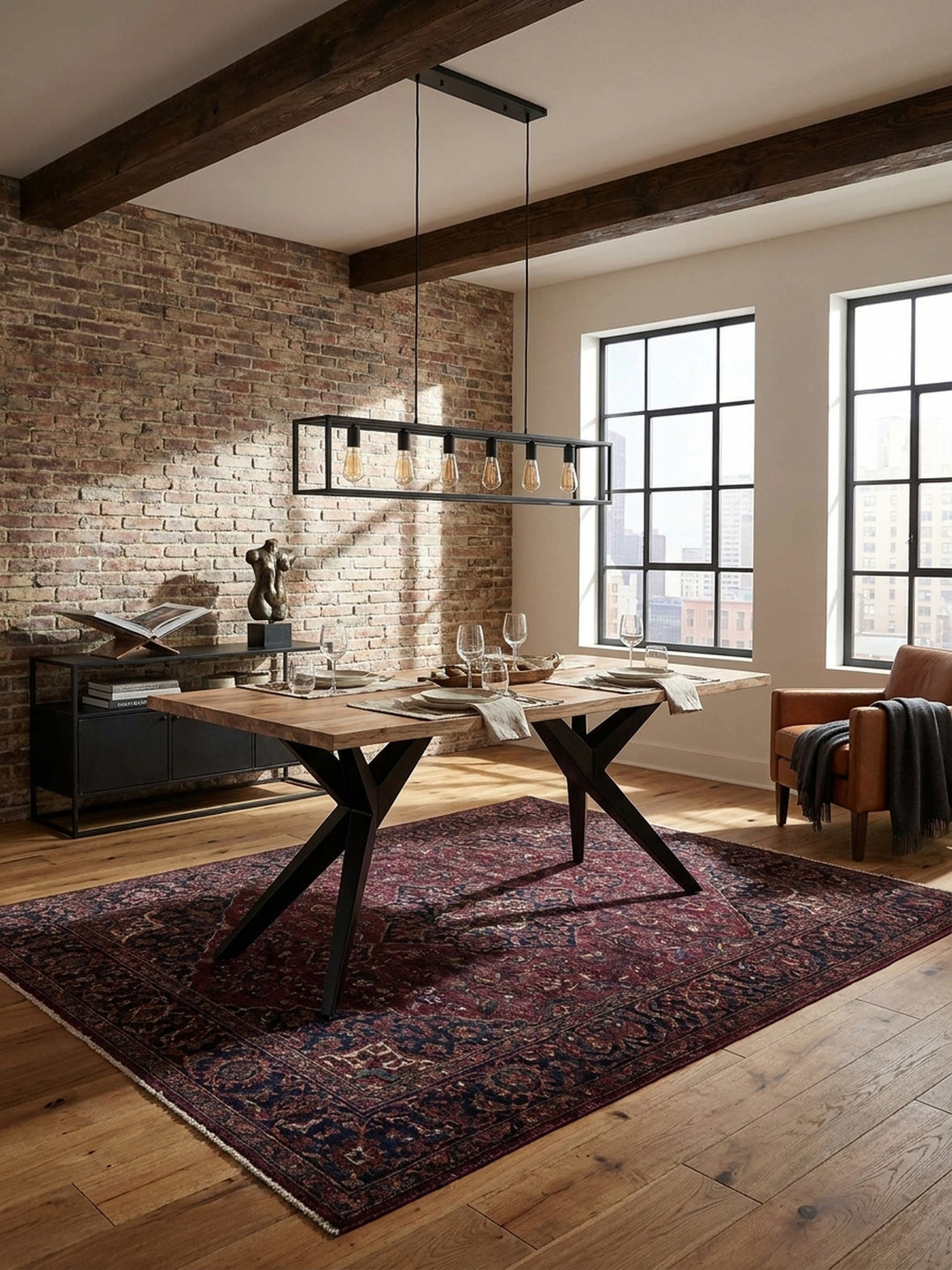 Großer Esstisch aus Akazie Massivholz mit schwarzen Metallbeinen als Mittelpunkt in einem lichtdurchfluteten Loft-Esszimmer mit Holzboden._