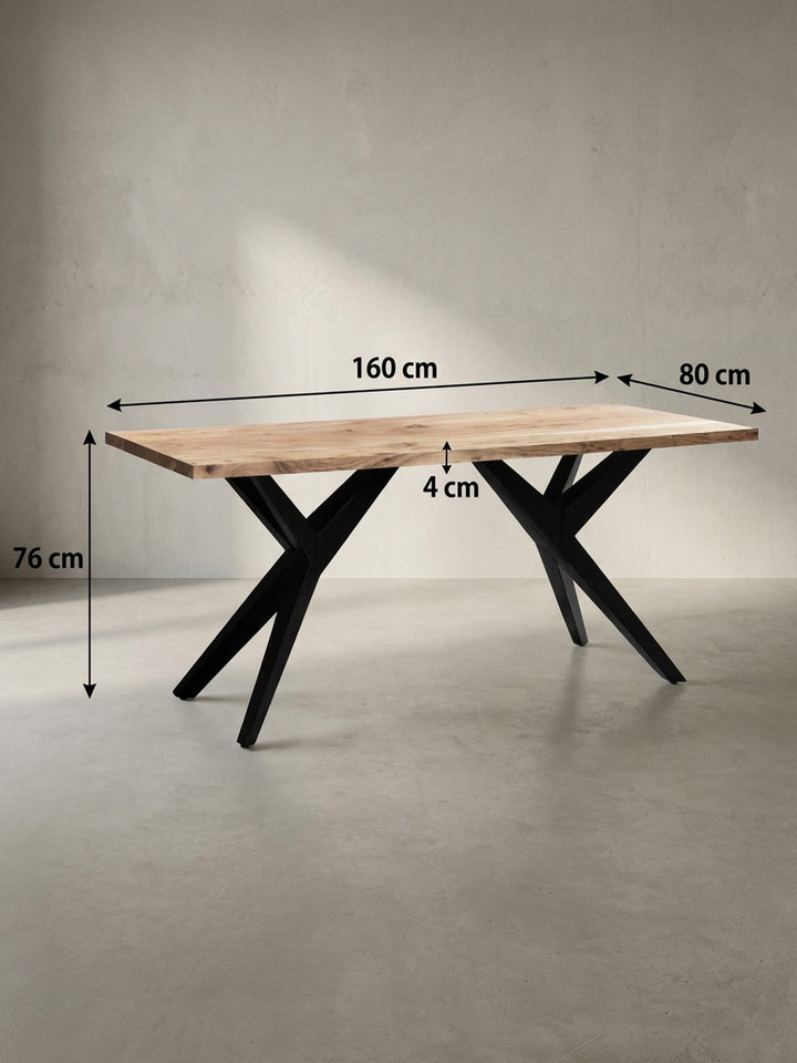 Technisches Bild des Akazien-Esstisches mit exakten Maßangaben: Länge 160 cm, Breite 80 cm, Höhe 76 cm, Plattenstärke 4 cm._