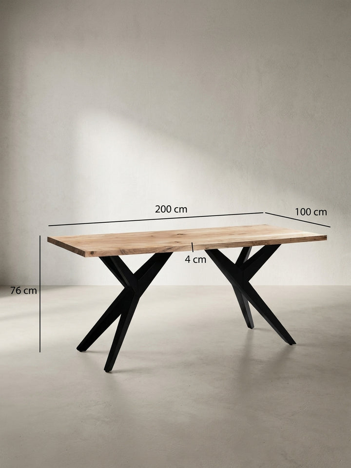 Technisches Bild des Esszimmertisches mit exakten Maßangaben: Länge 200 cm, Breite 100 cm und Höhe 76 cm für die perfekte Raumplanung._