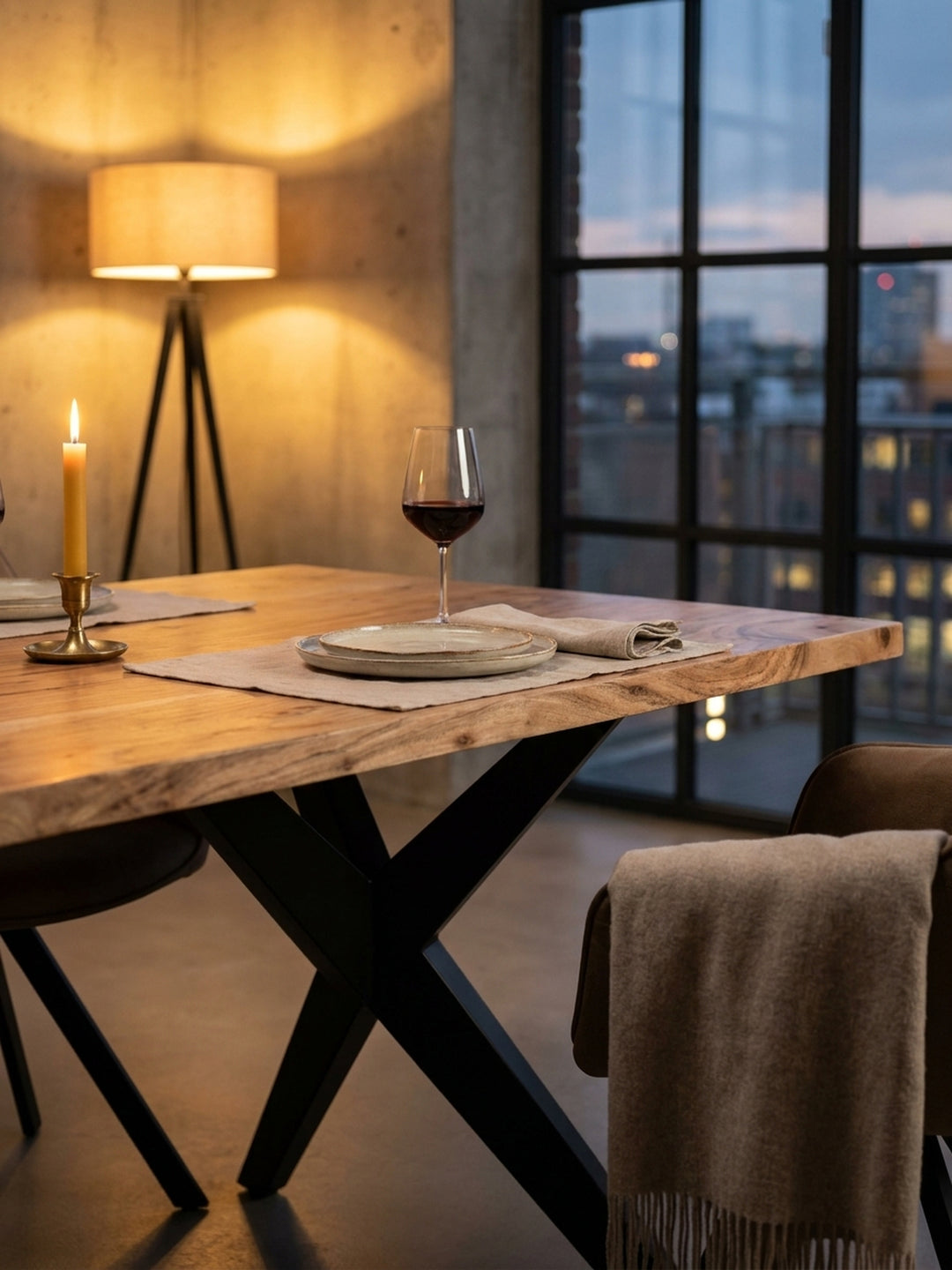 Ein Glas Whiskey und ein Designbuch auf dem Akazien-Esstisch, eine gemütliche Abendstimmung im industrial-chic Essbereich schaffend._
