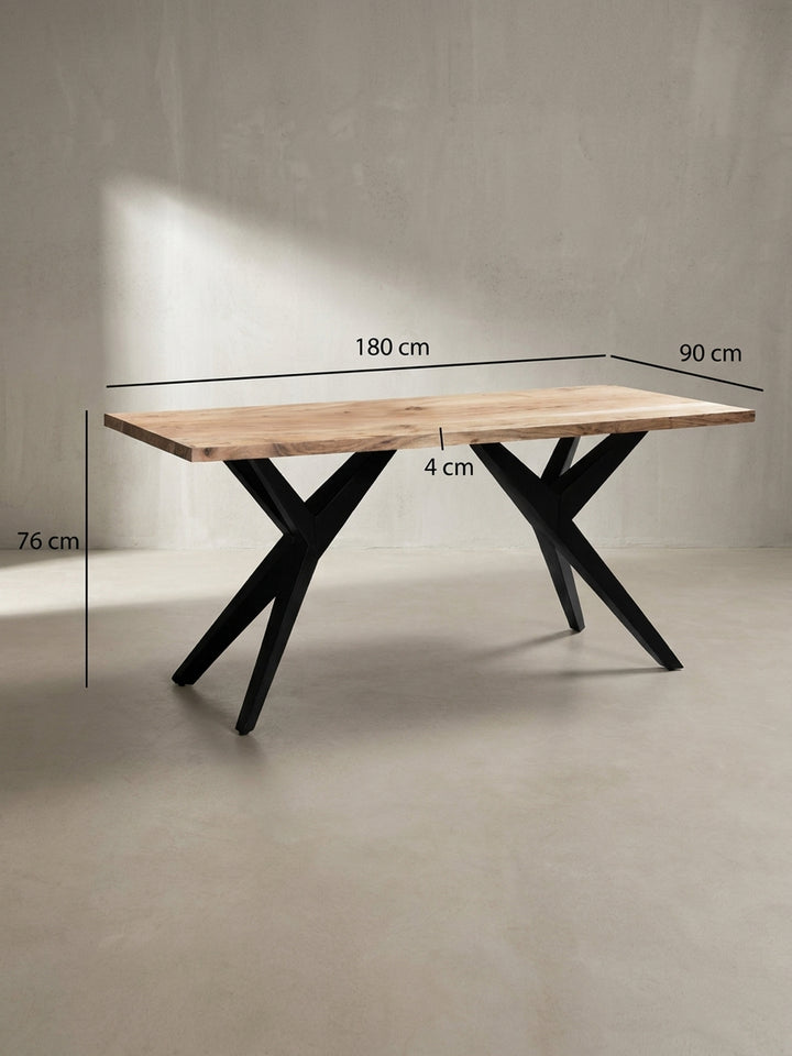 Technisches Bild des Akazienholz-Esstisches mit exakten Maßangaben: 180 cm Länge, 90 cm Breite und 76 cm Höhe für die Raumplanung._