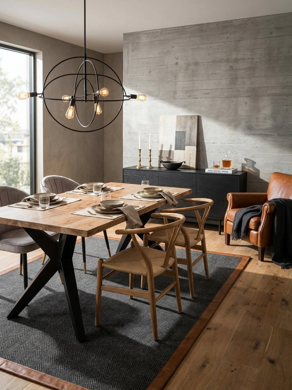 Der große Esstisch aus Holz und Metall kombiniert mit modernen Samtstühlen und einer passenden Holzbank in einem stilvollen Esszimmer._