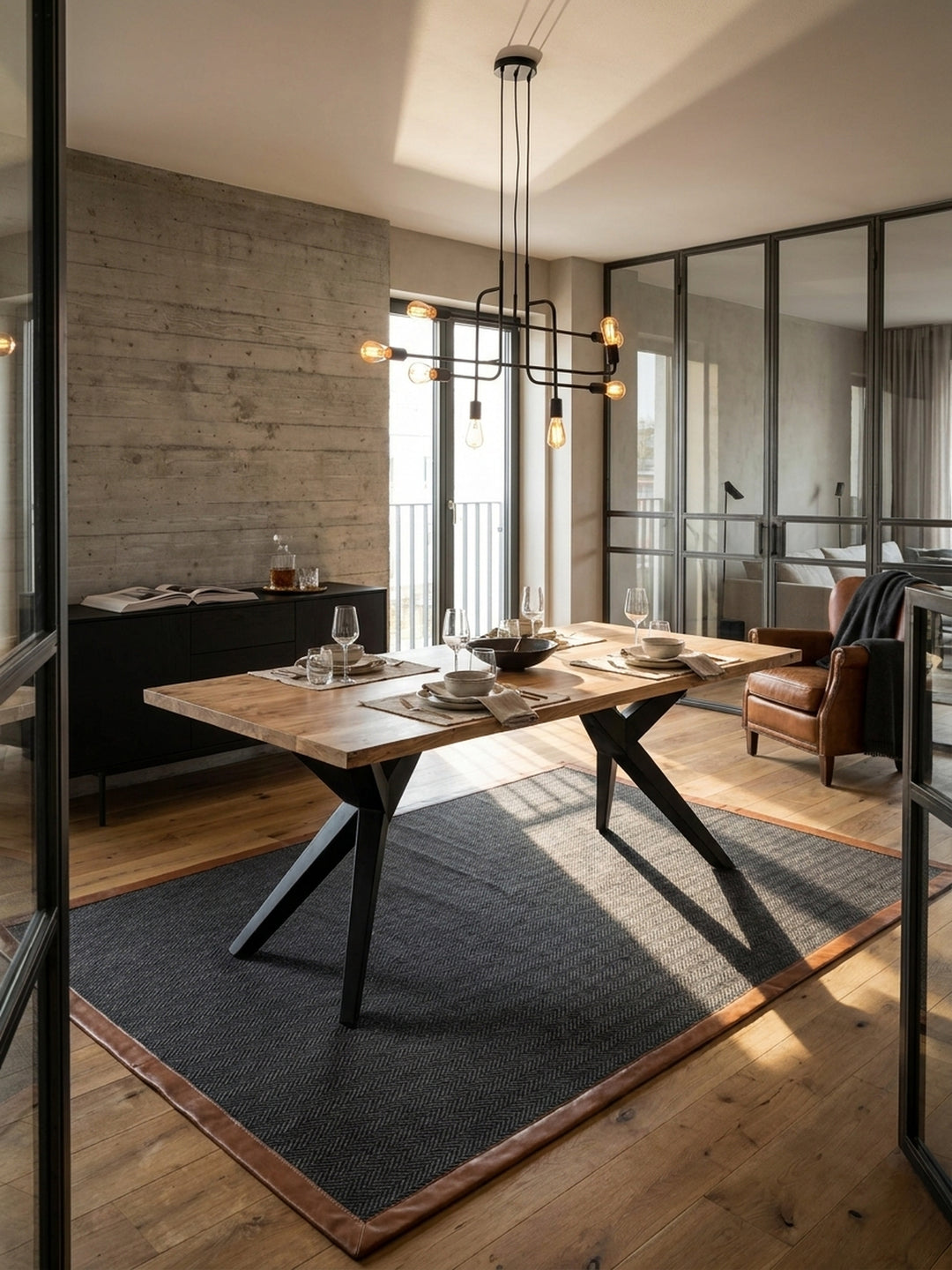Eleganter Esstisch aus Akazie Massivholz mit schwarzen Metallbeinen im Zentrum eines lichtdurchfluteten Loft-Esszimmers mit Sichtbetonwand._