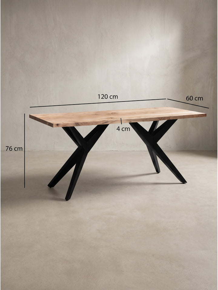 Technische Zeichnung des Esszimmertisches mit detaillierter Bemaßung von 120 cm Länge, 60 cm Breite, 76 cm Höhe und 4 cm dicker Tischplatte._