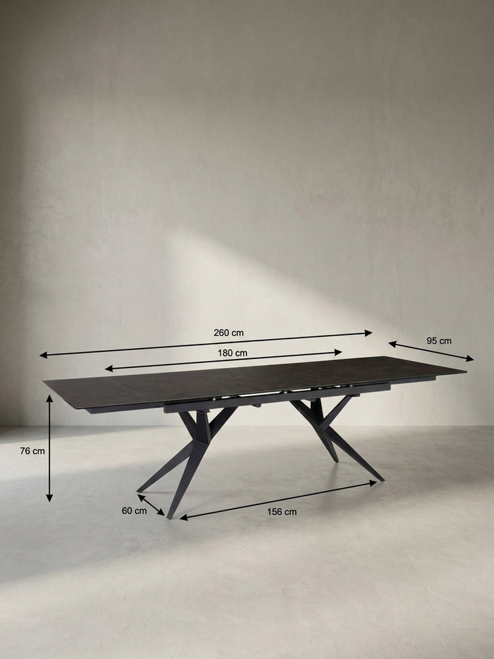 Maßzeichnung des ausziehbaren Esstischs, die die genauen Abmessungen von 180-260 cm Länge, 95 cm Breite und 76 cm Höhe darstellt._