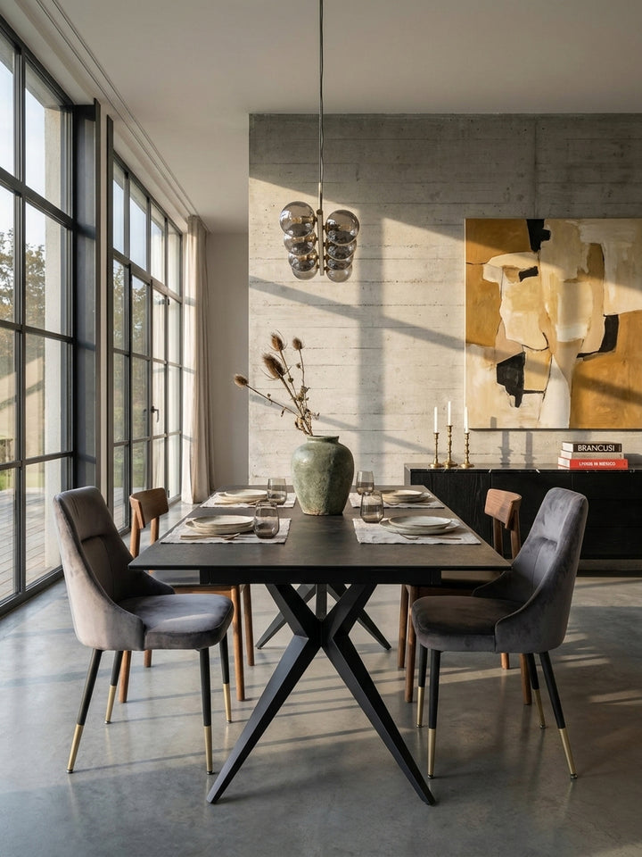Großer ausziehbarer Keramiktisch in Schwarz als Mittelpunkt eines modernen Esszimmers mit Holzakzentwand und eleganten Samtstühlen._