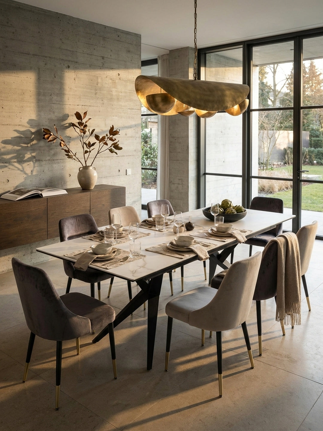 Der extravagante Esstisch mit skulpturalen Metallbeinen kombiniert mit dunkelgrauen Samtstühlen für ein luxuriöses Ambiente._