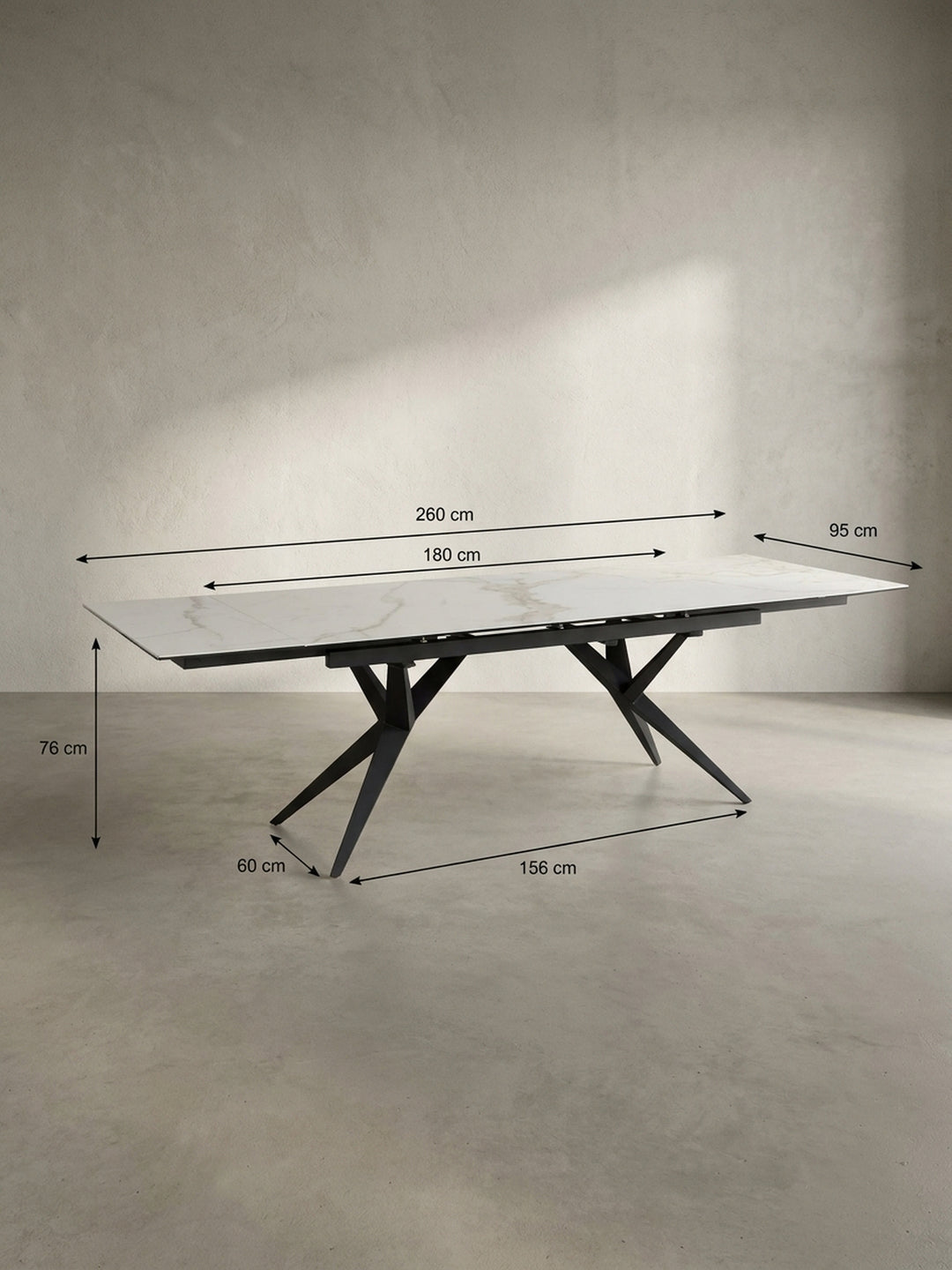 Technisches Maßbild des ausziehbaren Esstisches mit den genauen Maßen: 180-260 cm Länge, 95 cm Breite und 76 cm Höhe._