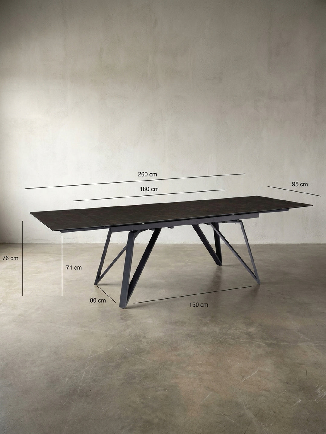 Technisches Maßbild des ausziehbaren Esstisches mit genauen Abmessungen: Länge 180-260 cm, Breite 95 cm und Höhe 76 cm für eine präzise Raumplanung._