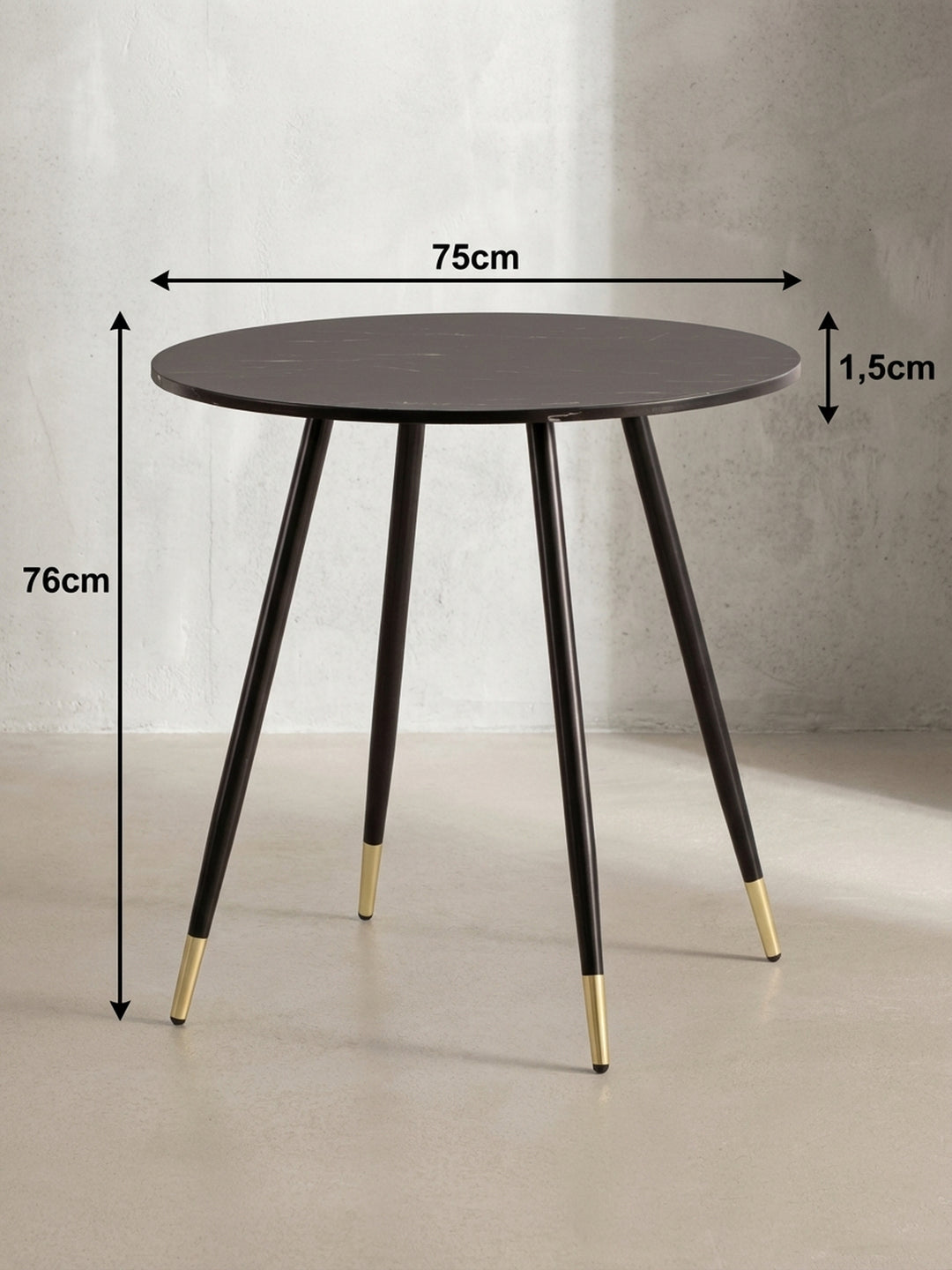 Runder Esstisch mit exakten Maßen: 75 cm Durchmesser und 76 cm Höhe, ideal für die Planung kleiner Essbereiche und Küchennischen._