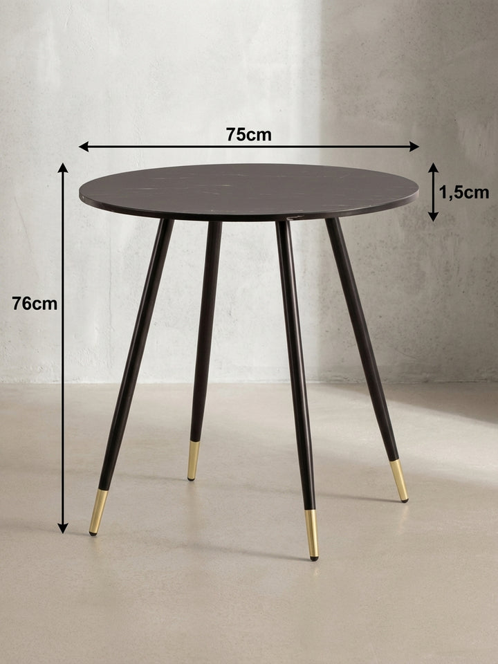 Runder Esstisch mit exakten Maßen: 75 cm Durchmesser und 76 cm Höhe, ideal für die Planung kleiner Essbereiche und Küchennischen._