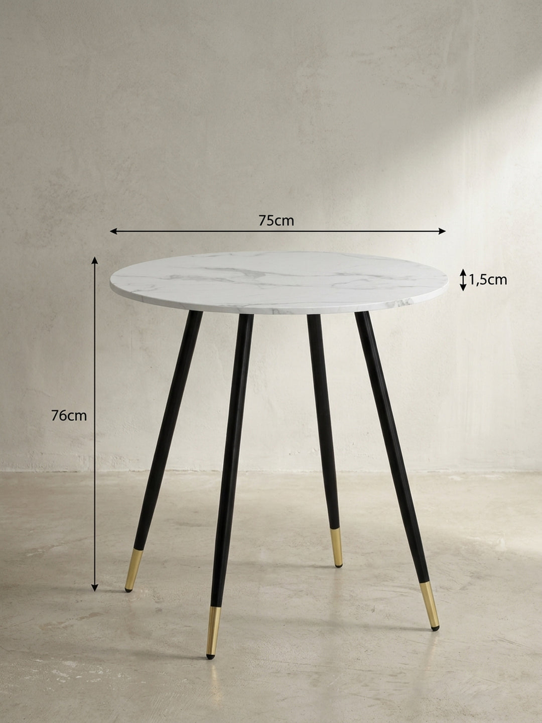 Technische Zeichnung des runden Esstisches mit genauen Maßangaben von 75 cm Durchmesser und 76 cm Höhe für eine optimale Raumplanung_