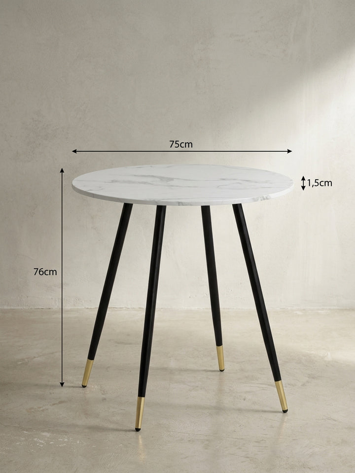 Technische Zeichnung des runden Esstisches mit genauen Maßangaben von 75 cm Durchmesser und 76 cm Höhe für eine optimale Raumplanung_