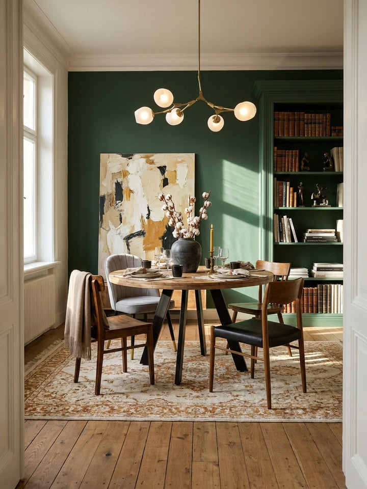 Ein runder Esstisch aus massivem Mangoholz in einem lichtdurchfluteten Esszimmer mit Vintage-Charme und modernen Stühlen._
