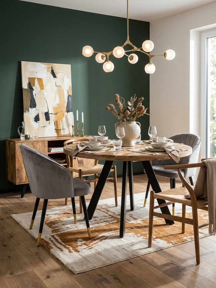 Der runde Speisetisch aus Mangoholz kombiniert mit modernen Samtstühlen vor einer stilvollen Altbauwand._