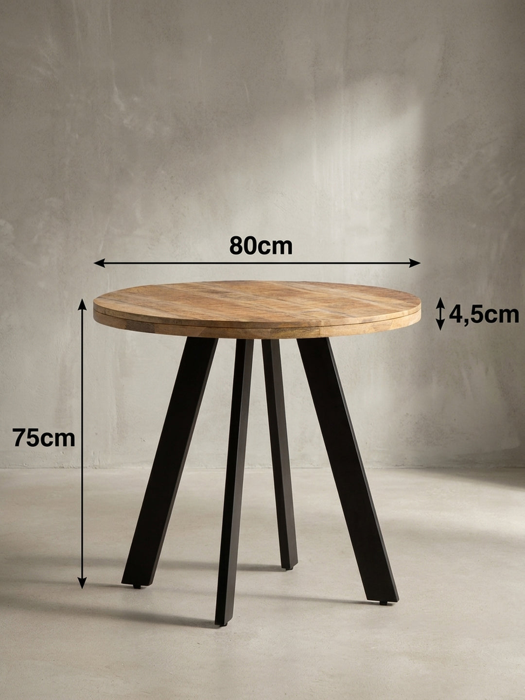 Technisches Bild des Esstisches mit genauen Maßen: 80 cm Durchmesser, 75 cm Höhe, passend für jede Essecke._