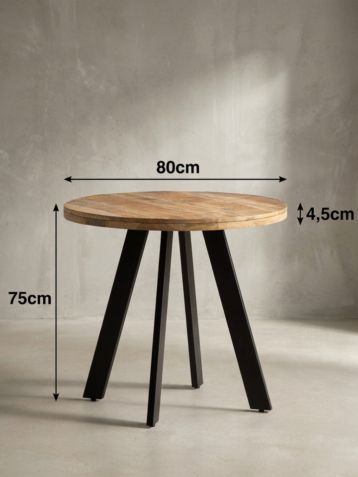 Technisches Bild des Esstisches mit genauen Maßen: 80 cm Durchmesser, 75 cm Höhe, passend für jede Essecke._