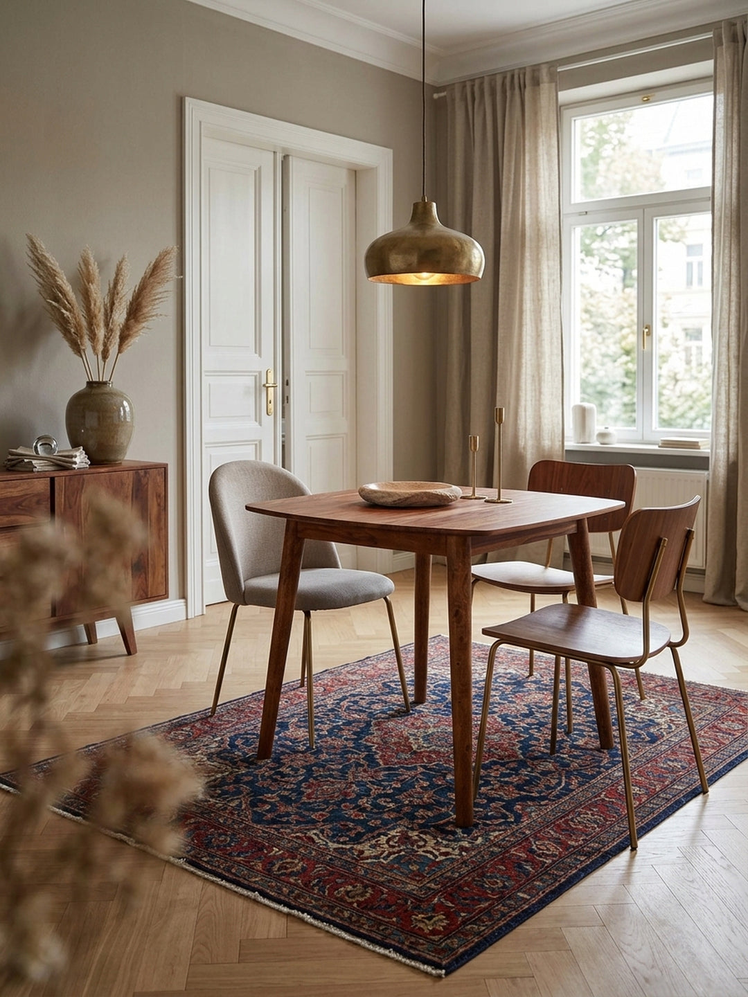 Quadratischer Massivholz Esstisch aus edlem Sheeshamholz 80x80cm in einem eleganten Esszimmer mit hellem Wollteppich und stilvoller, dezenter Dekoration._